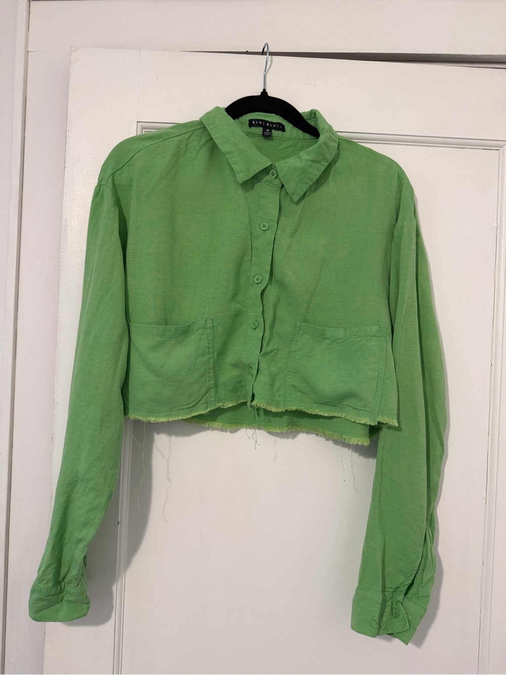 Blue Blush Cropped Button-Down Shirt in Lime Green